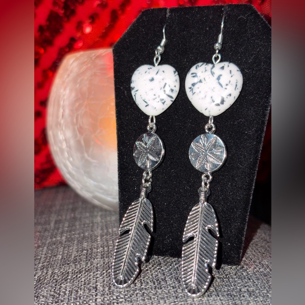Paparazzi Black and White Heart Feather Earrings